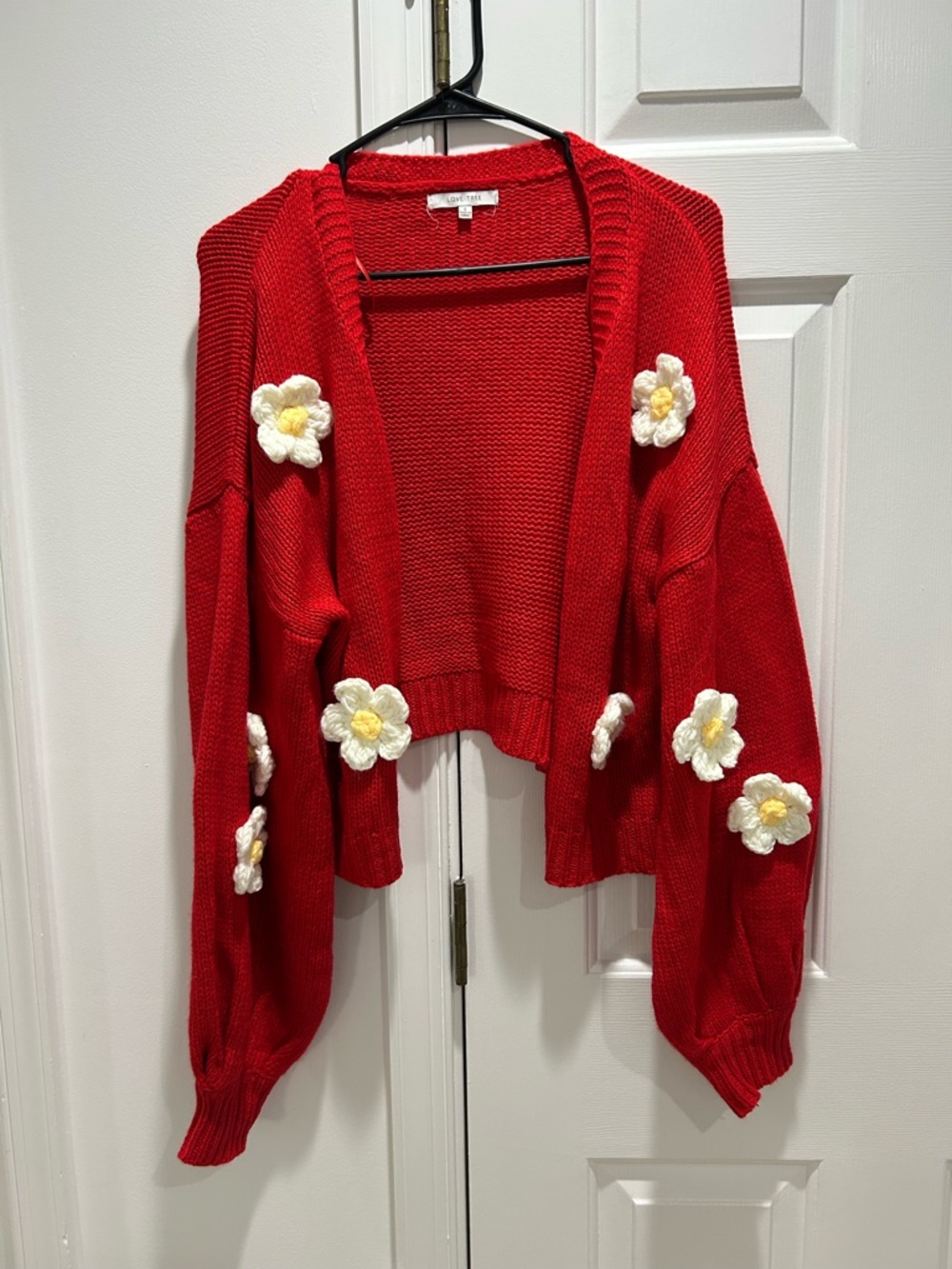 Love Tree Red Cropped Cardigan with 3D Daisy Appliqués